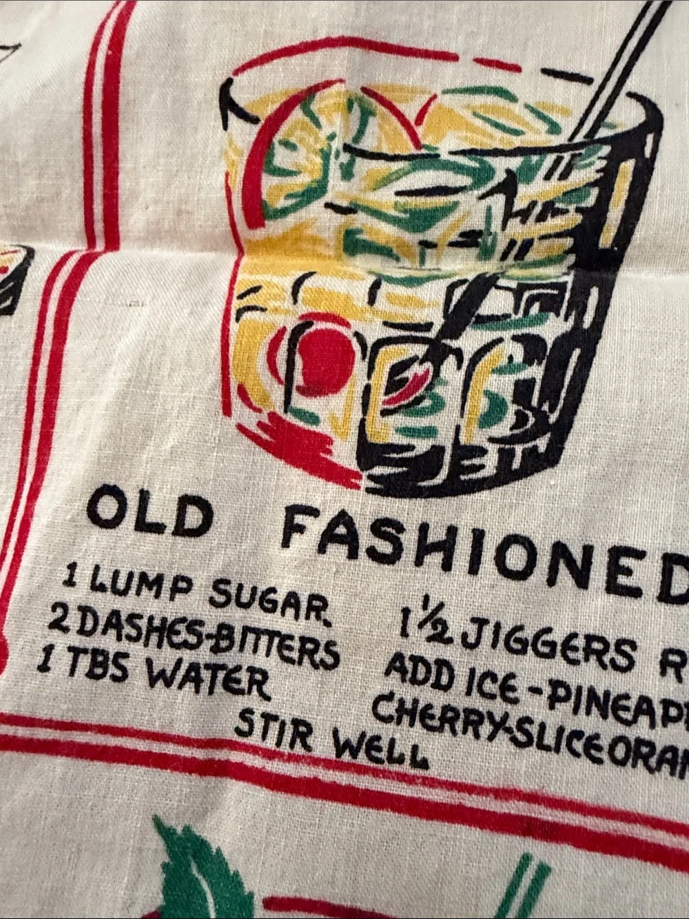 Cocktail Recipe Kitchen Towel - White with Red and Multicolor Print